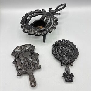 Vintage Cast Iron Trivet Set 3pc Heart Food Warmer Candle Holder Decor